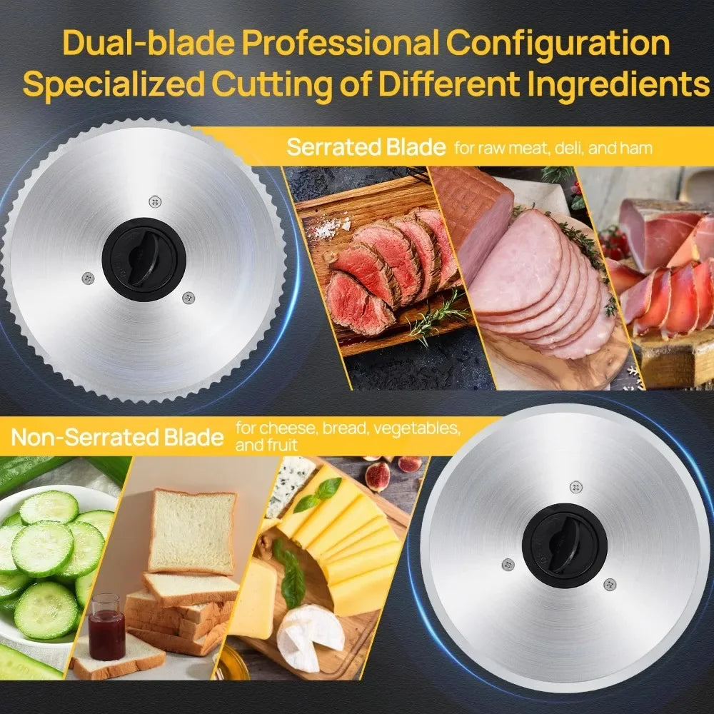 Machine for Home Use, with 2 Removable Stainless Steel Blades, Adjustable Thickness Deli Slicer