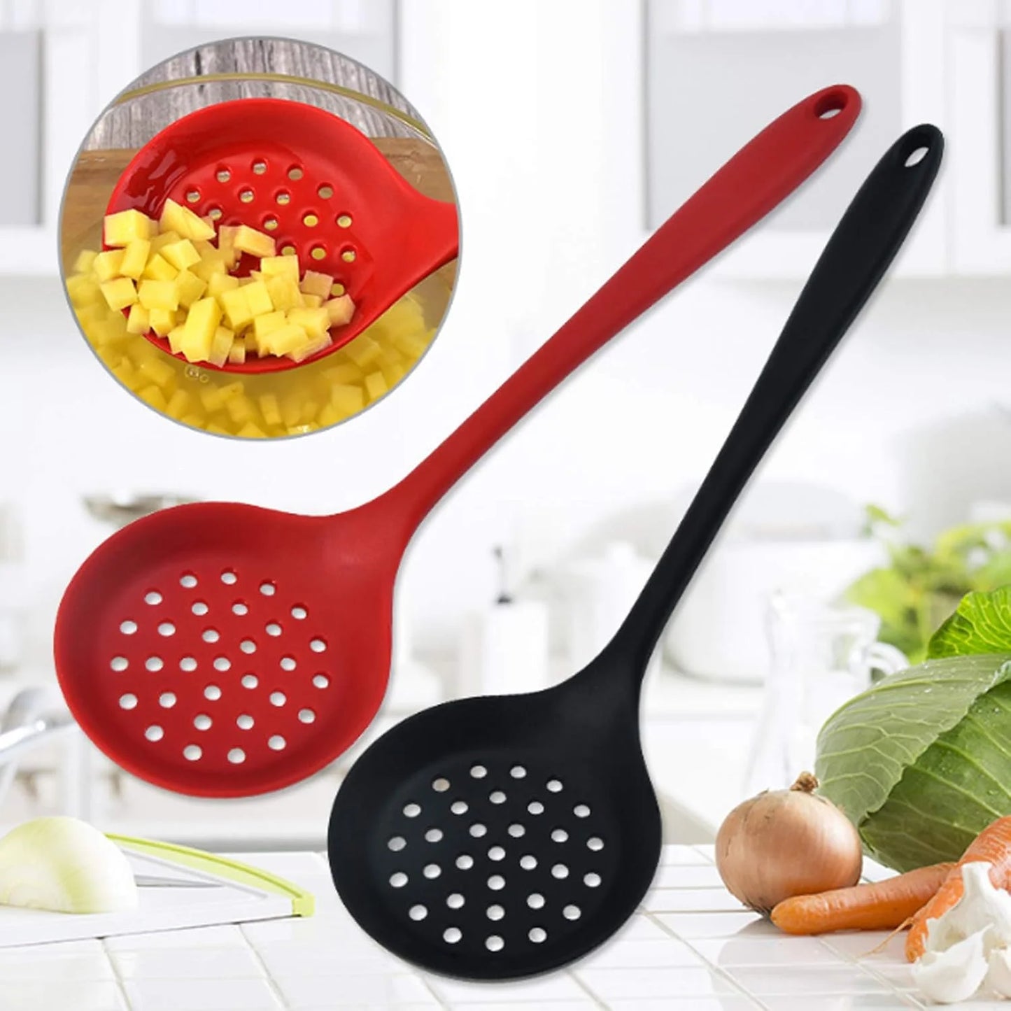 Silicone Skimmer Spoon Non-Stick Cooking Slotted Colander Spoon Skimmer Strainer Kitchen Sink Ladle Strainer Silicone Filter