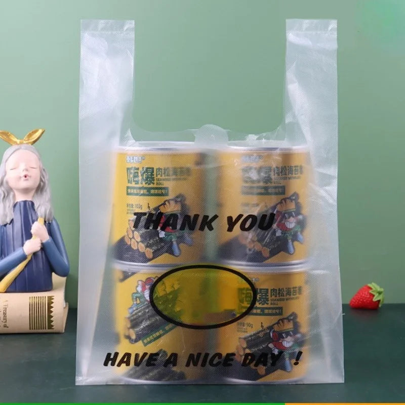 50 Pcs Plastic Bag Carry Out Bags Retail Supermarket Grocery Shopping Handle Food Packaging Home Storage Kitchen Accessories